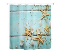 A.Monamour Sea Star Seashell On Blue Wooden Planks Floor Backgrounds Nautical Beach Decorations Waterproof Polyester Fabric Shower Curtain For Bathroom Accessories 165x180 cm / 65"x72"