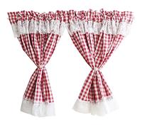 A.Monamour Short Curtain for Small Window Farmhouse Cotton Opaque White Red Check Plaid Gingham Pattern with White Voile Lace Kitchen Curtain Tier Curtain for Bedroom Café Cabinet Door - 2 Curtains