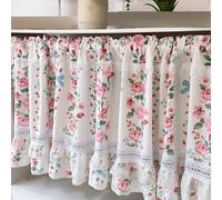 A.Monamour Short Curtain for Small Window Opaque Chic Romantic Pink Roses Floral Cotton Embroidered Lace Window Treatment Valance Panel Drapes Kitchen Café Bedroom Cabinet Door Half Curtain