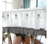 A.Monamour Short Curtain Transparent Sheer Voile Curtain with Coffee Check Plaid Ruffles Bow Window Treatment Valance Panel Drapes Half Curtain for Kitchen Café Bedroom Cabinet Curtain Door Curtain