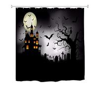 A.Monamour Spooky Halloween Night Haunted House Tombstone Flying Bat Dead Tree Round Moon Scary Scene Waterproof Fabric Bath Curtain Polyester Shower Curtain With Hooks Rings 150x180 cm / 60"x72"