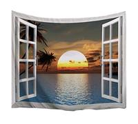 A.Monamour Sunset Ocean Sea Tropical Island Palm Tree Scenic View From The Open Window Picture Print Wall Hanging Tapestry Curtains For Bedroom Decors 180X230Cm/71 X90