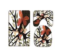 A.Monamour Tree Silhouette With Green Leaves Butterflies Drawing Picture Printed Soft Flannel Cloth Washable Bath Mat Rug Set Toilet Seat Covers Toilet Lid Covers Cushions Toilet Accessories