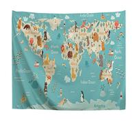 A.Monamour Wall Hanging Tapestry Cartoon Animals World Map Of North America South America Picture Print Wall Fabric Mural Art Decoration for Bedroom Dorm Living Room 102x153cm