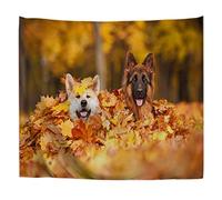 A.Monamour Wall Hanging Tapestry German Shepherd Two Dogs In Orange Fallen Leaves Autumn Forest Picture Print Wall Fabric Mural Art Decoration for Bedroom Dorm Living Room 153x229cm