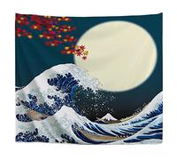 A.Monamour Wall Hanging Tapestry Japanese Style Big Wave And Full Moon Fabric Wall Decoration Wall Hangings Wall Mural Curtain for Bedroom Living Room Dorms 180x230cm