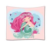 A.Monamour Watercolor Cute Mermaid Cartoon Purple Hair Fishes Seashells Blue Heart Background Textile Fabric Wall Hanging Tapestry Curtains Tablecloth Bedspread Art Decors for Bedroom