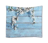 A.Monamour White Flowers On Blue Wooden Planks Floor Wood Texture Photography Backgrounds Print Textile Fabric Wall Tapestry Wall Hangings Dorm Dividers Bedspread 180X230Cm/71 X90