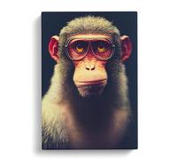 A Monkey In Glasses No.4 Blue, Brown, Peach Canvas Print | Gallery Wrapped 30mm Frame Wall Art | 30x20 inches | Ready to Hang | Contemporary Animals Picture | Living Room Bedroom Lounge Office