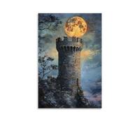 A Moon Rising behind A Stone Castle Tower, Atmospheric Oil Painting Wall Art Mural Modern Decoration Hanging Art Poster 16x24inch(40x60cm)