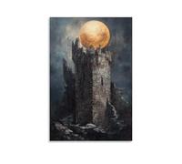 A Moon Rising behind A Stone Castle Tower, Atmospheric Oil Painting Wall Art Mural Modern Decoration Hanging Art Poster 16x24inch(40x60cm)