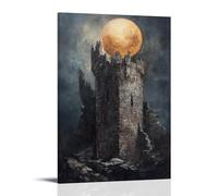 A Moon Rising behind A Stone Castle Tower, Atmospheric Oil Painting Wall Art Mural Modern Decoration Hanging Art Poster 08x12inch(20x30cm)