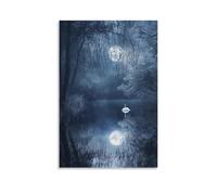 A Moonlit Lake with Reflections of Trees And A Swan Gliding through Wall Art Mural Modern Decoration Hanging Art Poster 08x12inch(20x30cm)
