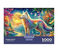 A Multicolored Wolf on A Cliff, Moonlit with Flowers And Birds 1000 Piece Jigsaw Puzzle Enchanted Spirit Wolf - Great Present for Kids & Adults 70x50cm/1000pcs
