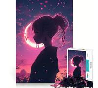 A Mysterious Anime Girl Silhouette with Glowing Pink Petals Jigsaw Puzzles 1000 Pieces for Teenagers Home Fun Smooth Cut Family Fun Great Gift (50x75cm)