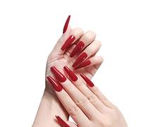 A N K 24 pieces Long Coffin Bellarine Tapered full coverage glossy false Nails, Fake Arcylic press on nails hand manicure for women and girls (red Long tapered coffin ballerina)