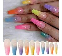 A N K Long Medium Short Sqouval Coffin Ballerina Ombre Tapered Press on Rainbow False Nails, Glossy Metallic Full Cover Acrylic Nail False Tips Artificial Finger Manicure for Girls and Women