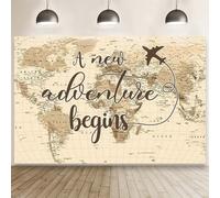 A New Adventure Begins Travel Backdrop Vintage World Map Around World Airplane Birthday Bridal Shower Photography Backdrops Newborn Baby Shower Birthday Party Decoration (8x6feet)