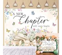 A New Chapter Will Soon Begin Backdrop Wildflower Book Butterfly Background for Photography Retirement Graduation Baby Shower Party Decorations Banner Photo Booth (8x6FT)