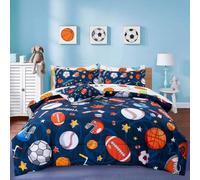 A Nice Night 6Pcs Bed in A Bag Queen Sports Microfiber Modern Comforter Set,Navy Rugby Ball Printed Bedding Collections,for Boys Kids Teen