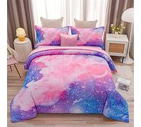 A Nice Night Galaxy Bedding Sets Outer Space Comforter 3D Printed Space Quilt Set Full 6Pcs Glitter Pink,for Children Boy Girl Teen Kids