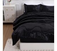 A Nice Night Satin Silky Soft Quilt Luxury Super Soft Microfiber Bedding Thin Comforter Set Full/Queen, Light Weighted (Black, Queen(88-by-88-inches))