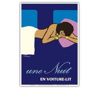 A Night in a Sleeper Car Train (Une Nuit en Voiture-lit) French National Railways SNCF - Vintage Railroad Travel Poster by Bernard Villemot c.1973 - Master Art Print 10in x 14in