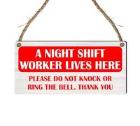 "A Night Shift Worker Lives Here" Warning Sign - MDF Wood Door Plaque for Undisturbed Rest - for Indoor Use - Perfect for Day Sleepers, Nurses, Security Personnel (Small: 19 cm (H) × 9 cm (W))