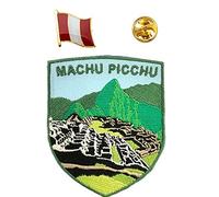 A-ONE 2 PCS Pack-Peru Machu Picchu Embroidered Shield Applique+ Peru Flag Lapel Pin, New 7 Wonders, World Heritage Patch, Peru Flag Metal Pin NO.215P
