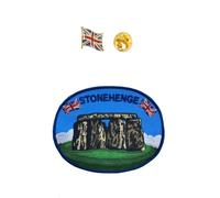 A-ONE 2 PCS Pack- Stonehenge Patch England Landmark Embroidery Bag Patch, UK Flag Emblem Metal Pin for Handbag Jacket. Sew on Iron on Patch NO.166P