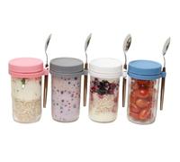 A Pack of 4 Portable Overnight Oats Mason Glass Jars 16 oz Large with lids, Spoons and Measurement Marks by Crini Group. Ideal Breakfast Containers for Oatmeal, Cereal, Milk and Fruit.