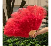 A Pair Fluffy Yellow Ostrich Feathers Fan Carnival Party Wedding Celebration Belly Dance Show DIY Decoration Fan Plume Fan 100CM-03 red-1 PCS Left Hand