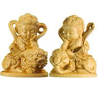 A Pair Natural Boxwood Hand Carved Uddhist Monastery Manjushri & Samantabhadra Boddhisattva Statue(All 2 Statue Sets Q Style)