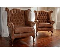 A pair of Chesterfield Queen Anne high back wing chair presented in vintage tan leather with matching foot stool