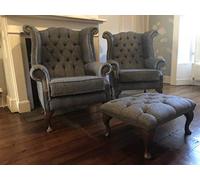 A pair of Chesterfield Queen Anne high back wing chairs and foot stool presented in vintage grey leather and grey Harris tweed