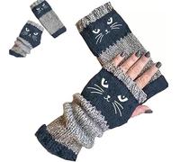 A Pair of Fingerless Cat Gloves, Cat Splicing Knitted Fingerless Gloves for Women,Cute Embroidered Knit Mittens,Comfortable Warm Soft Fabric Gift for Cat Lovers for Everyday Use. (Blue)