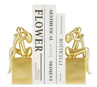 A Pair of Gold Bookends for Shelves - Heavy Duty Decorative Book Ends, Non-Slip Resin Bookends, Home Accessories for Living Room Study/Office, Philosophical Woman Thinker Sculpture