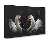 A Pair Of White Swans Paint Splash Canvas Print | Gallery Wrapped 30mm Frame Wall Art | 20x14 inches | Ready to Hang | Modern Bird Picture | Living Room Bedroom Lounge Office