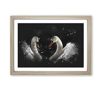 A Pair of White Swans Paint Splash Framed Print | A2 Oak Framed Wall Art | Ready to Hang | Modern Animal Picture | Living Room Bedroom Lounge Office