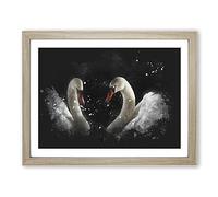 A Pair Of White Swans Paint Splash Modern Art Framed Print | A4 Oak Framed Wall Art | Ready to Hang | Modern Animal Picture | Living Room Bedroom Lounge Office
