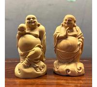 A Pair of Wooden Maitreya Buddha for attracting Wealth and a Smiling Buddha with a Big Belly, Chinese Statues, Buddha Statues, Auspicious Mascots, feng Shui, Good Luck, Hand-Carved, Zen Worship,
