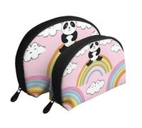 A Panda Sitting with A Rainbow Printed Makeup Bags 2-Piece Portable Shell Travel Toiletry Bag