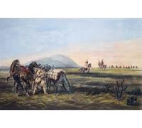 A Parley. Prepared for an Emergency. White hunters run into a band of Native Americans on the plains. Leaders of the two sides ride out to confer. From a work by James Cameron published in 1866