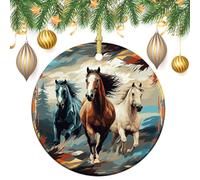 A Pattern with Horses As A Background Ceramic Christmas Ornaments with Gold String - Round Double Sided Porcelain Tree Decorations for Fireplace, Mantel, Wreath Holiday Party Decor (2.8 Inch)