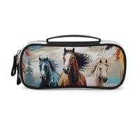 A Pattern with Horses As A Background Pencil Case - Large Capacity Pencil Pouch Aesthetic Makeup Bag with Zipper Leather And Handle Design Pen Bag for Stationery, Art Supplies, Travel Essentials