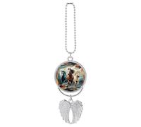 A Pattern with Horses Hanging Car Charm with Angel Wings Metal Rear View Mirror Pendant Car Interior Decorative Accessories Decor Ornament Memorial Gifts for Women Men