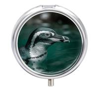 A Penguin in The Water Pill Box Cute Round Pill Case Portable Medicine Tablet Vitamin Holder Organizer for Purse Pocket