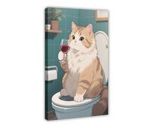 A Persian Cat Sitting on The Toilet Drinking Red Wine Canvas Poster Bedroom Decor Landscape Decor Gift 12x18inch(30x45cm)
