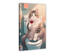 A Persian Cat Sitting on The Toilet Drinking Red Wine Canvas Poster Bedroom Decor Landscape Decor Gift 24x36inch(60x90cm)