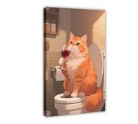 A Persian Cat Sitting on The Toilet Drinking Red Wine Canvas Poster Bedroom Decor Landscape Decor Gift 08x12inch(20x30cm)